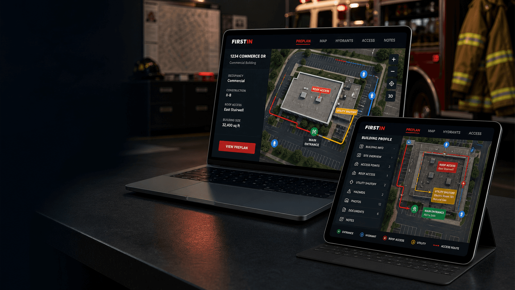 FirstIn Preplan product screens showing tactical map and building preplan context